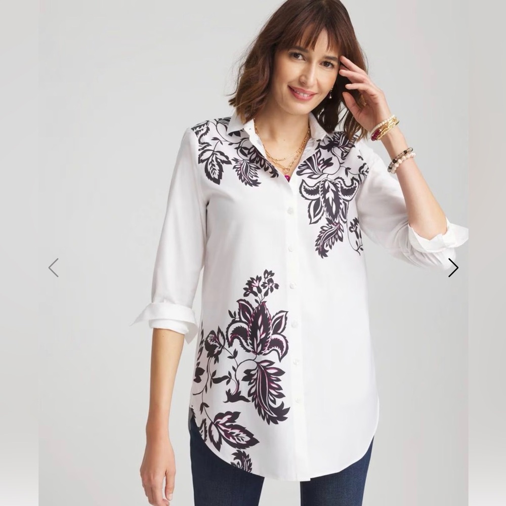 Chico’s No Iron Floral Stretch Tunic Color: OPTIC WHITE
Size: 0.5 (6-S)